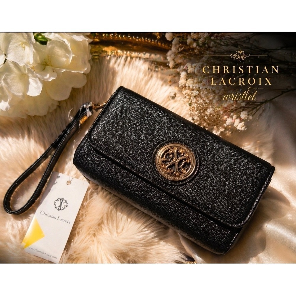 Christian Lacroix Black Wristlet Clutch Gold Medallion Textured Faux Leather NWT